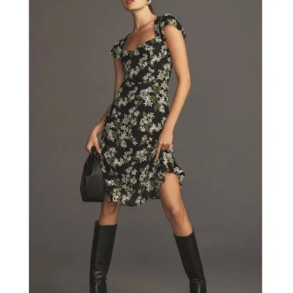 Reformation Rosi Ruffle Black Floral Midi Dress Open Back.  Size 6. - Picture 1 of 8